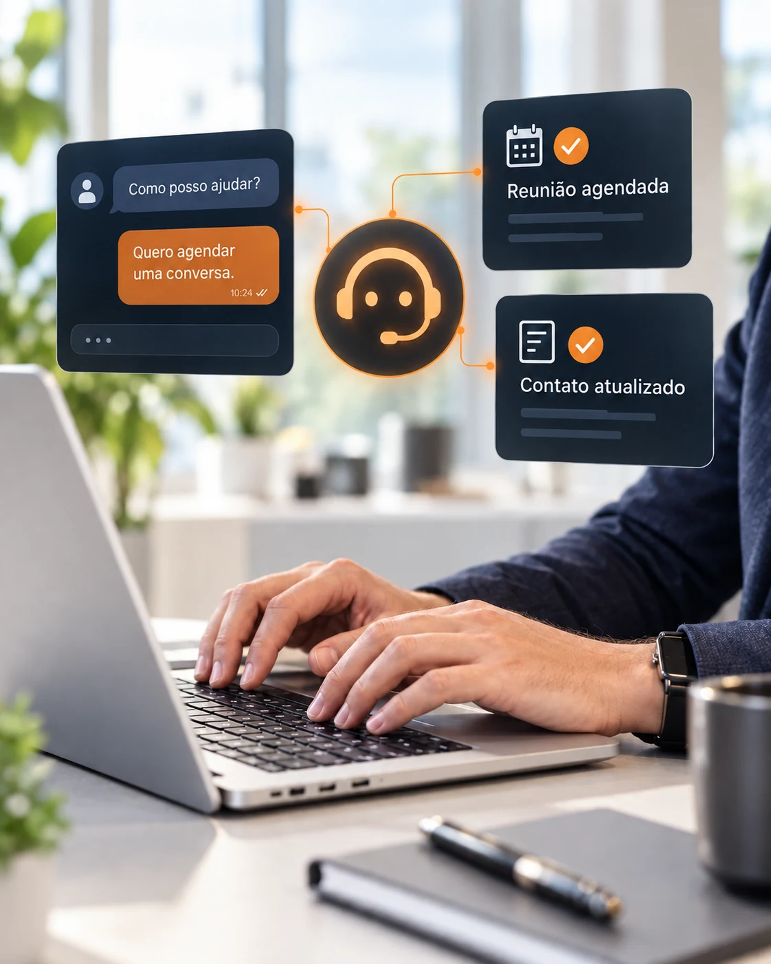 Assistente de IA conectando atendimento, agendamento de reunião e atualização de contato
