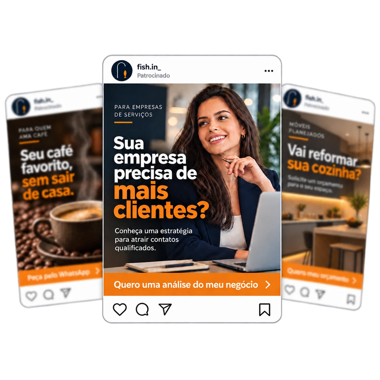 Três anúncios do perfil fish.in_ com chamadas comerciais, criativo central em destaque e laterais desfocados