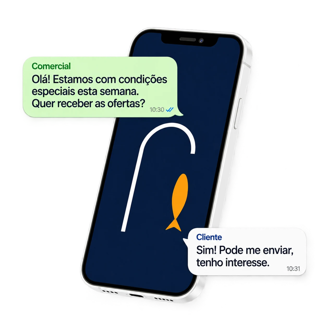 Celular Fish.in com disparo promocional do Comercial e resposta positiva do Cliente em balões de WhatsApp