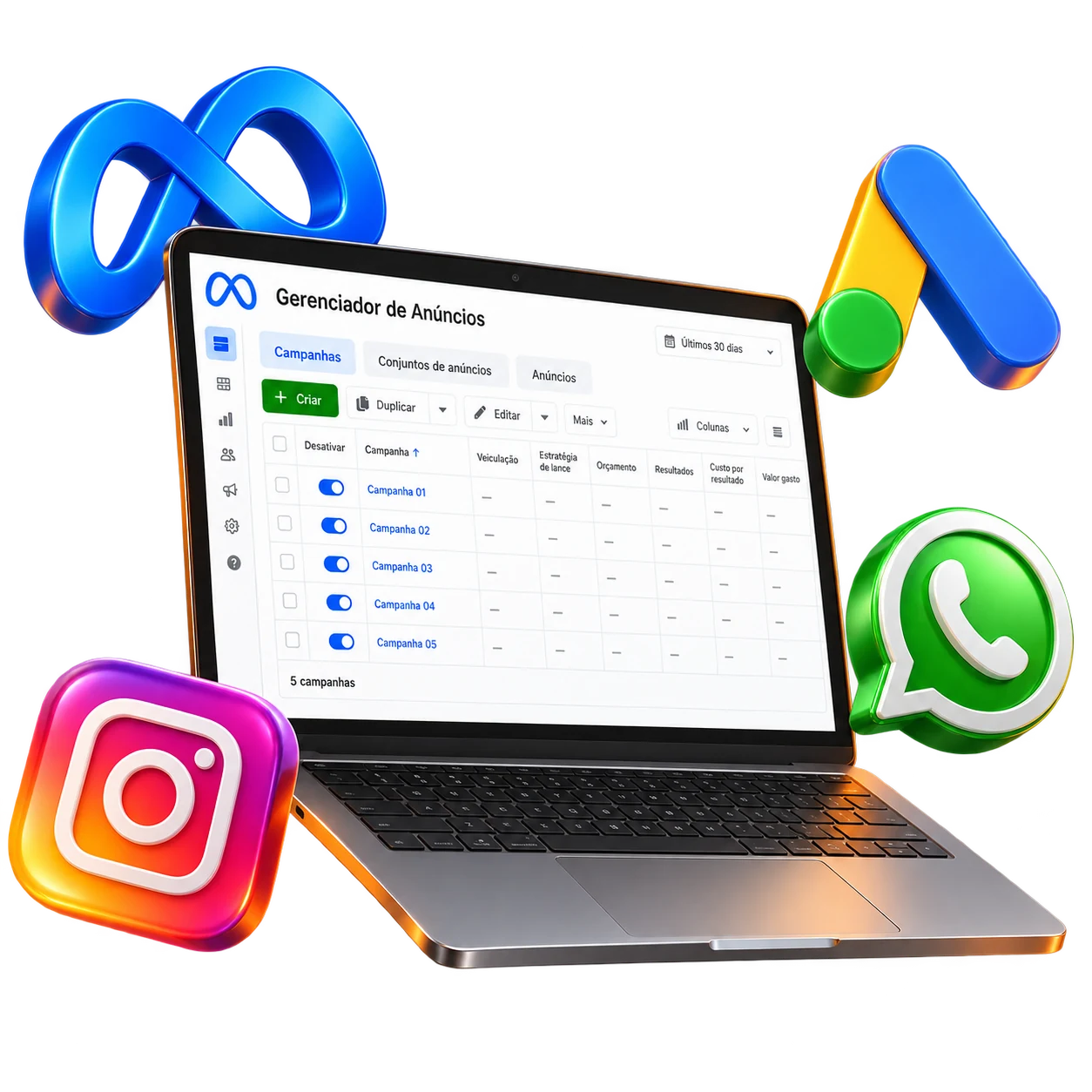 Notebook com painel de campanhas e símbolos tridimensionais de Meta, Google Ads, Instagram e WhatsApp