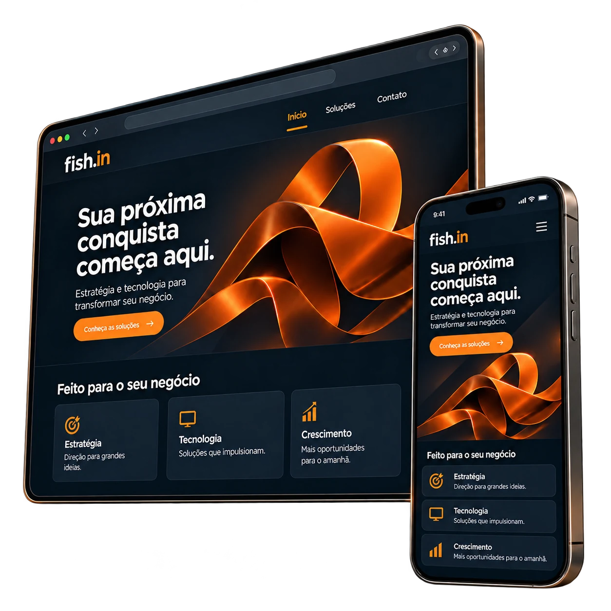 Site em português nas versões desktop e celular, com telas voltadas à esquerda